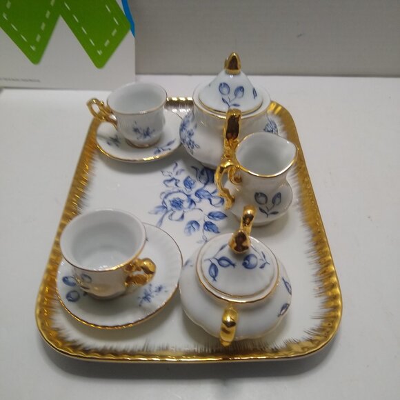 A Servre Decor Mini Tea Set 10 Piece Hand Painted Blue Gold. - Picture 3 of 14